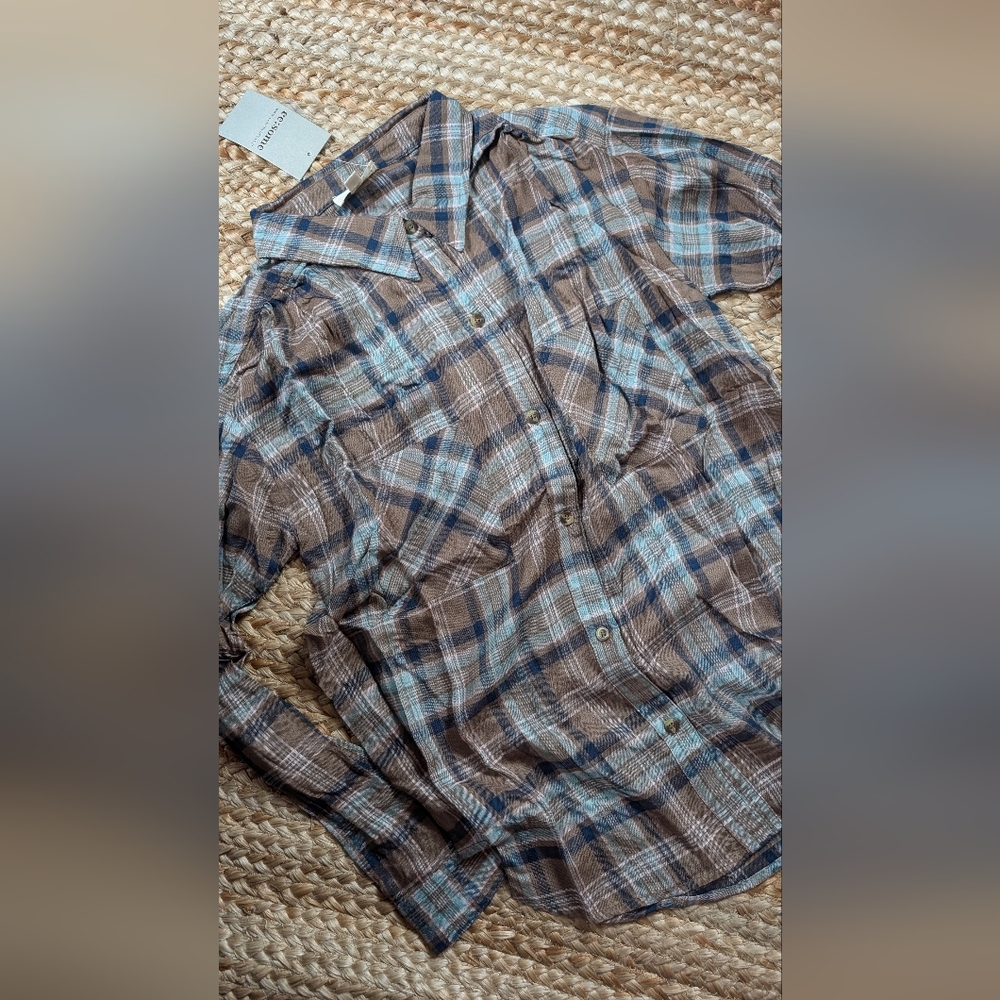 eesome Brown and Blue Plaid Button Down Shirt